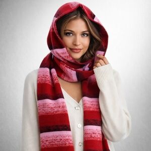 AQUA Ombre Red & Pink Striped  Knit Hooded Scarf Scoodie
